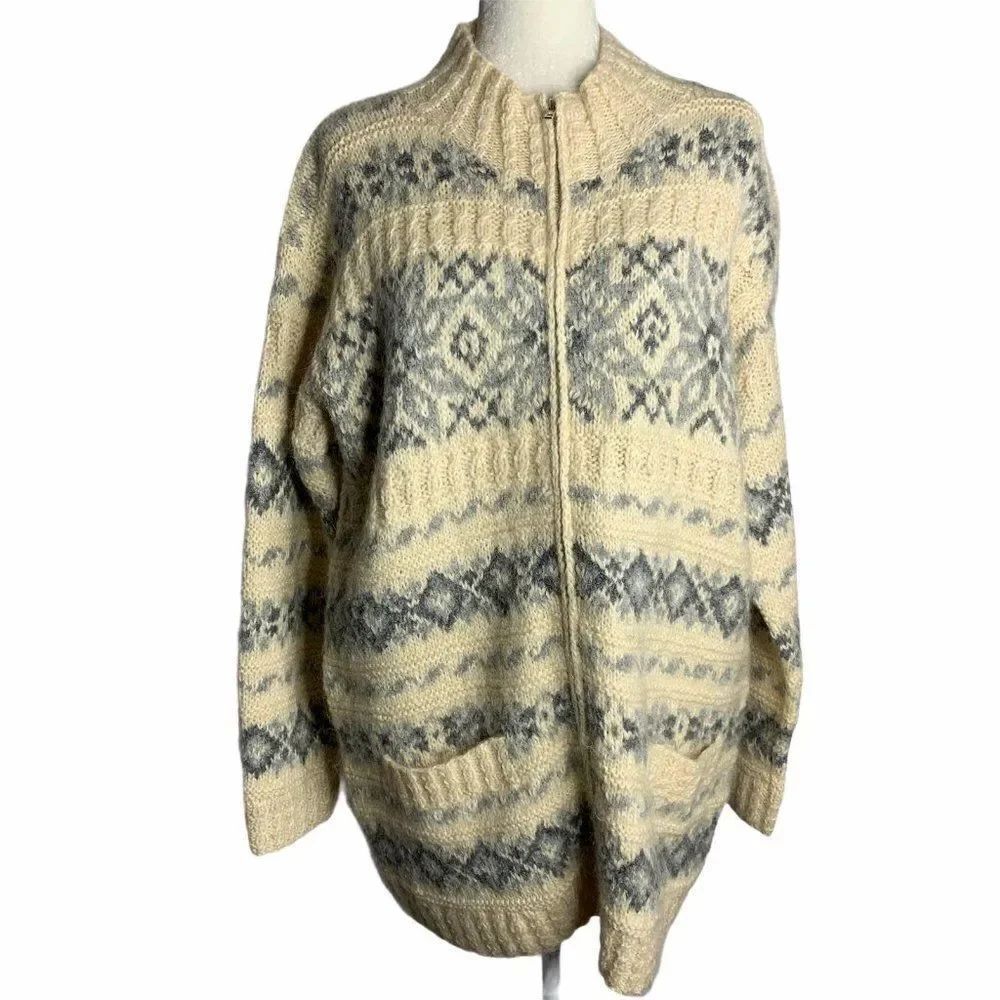 Vintage Hand Knit Wool Cardigan Sweater S Cream